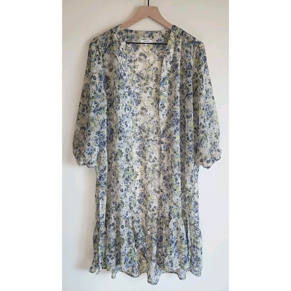 Maurices Floral Semi Sheer Duster Kimono Size L Ruffle Hem Boho - Picture 2 of 9